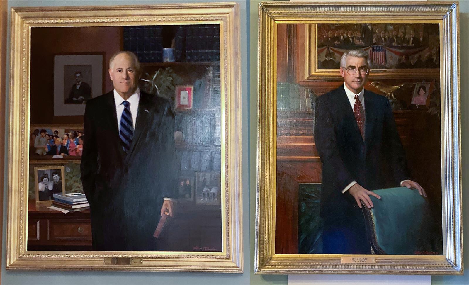Portraits of Gov. Pat Quinn (left) and Gov. Jim Edgar (right)