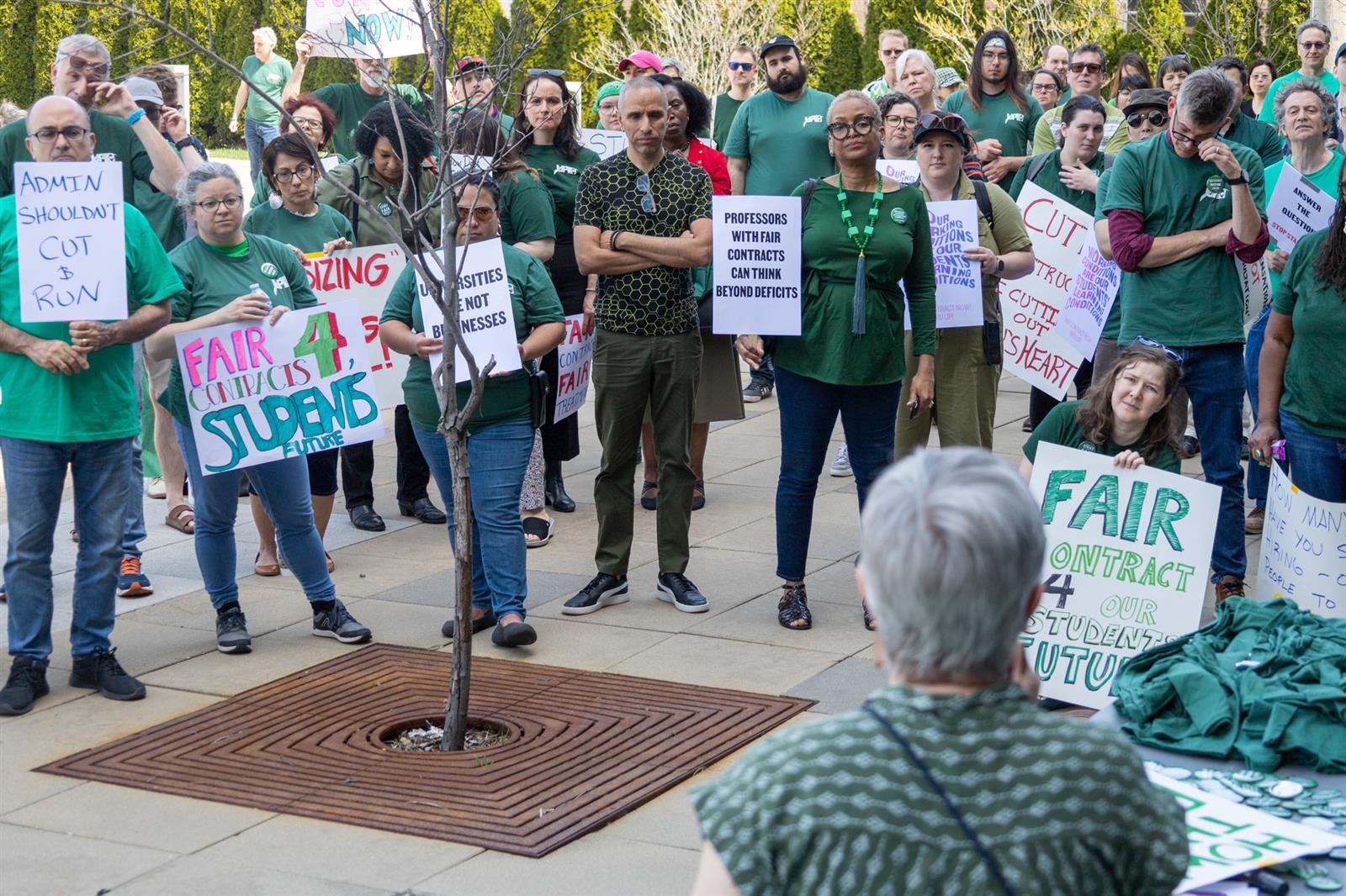 Northeastern Illinois University faculty union president Nancy Matthews speaks to union members and other attendees at a rally outside the university’s Board of Trustees meeting on April 13. (Capitol News Illinois photo by Andrew Adams)