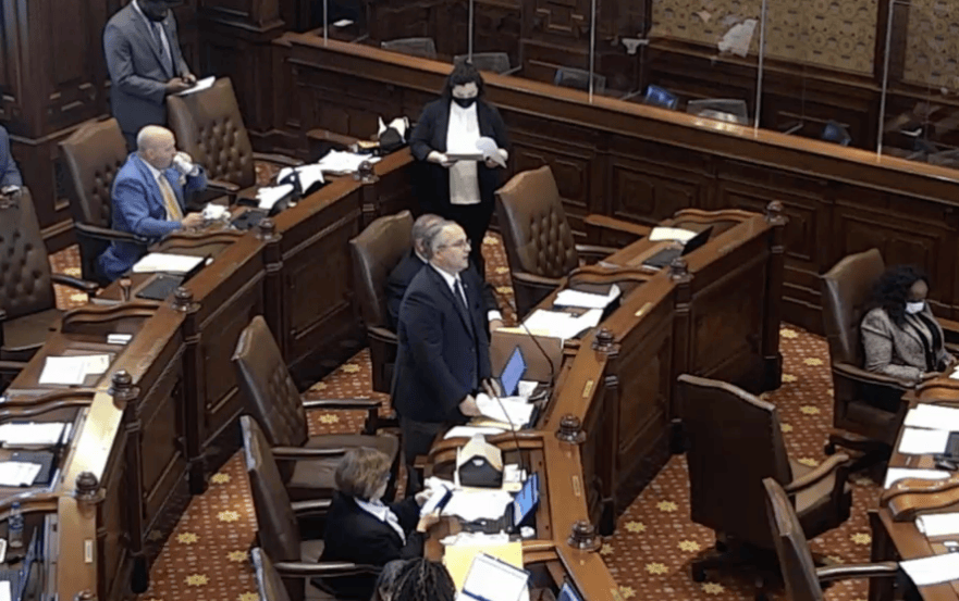 State Sen. John Connor is pictured on the Senate floor Wednesday. He advanced a bill that would give the Prisoner Review Board additional authority to consider early release for prisoners who have petitioned for such action due to medical incapacity or terminal illness. (Credit: Blueroomstream.com)
