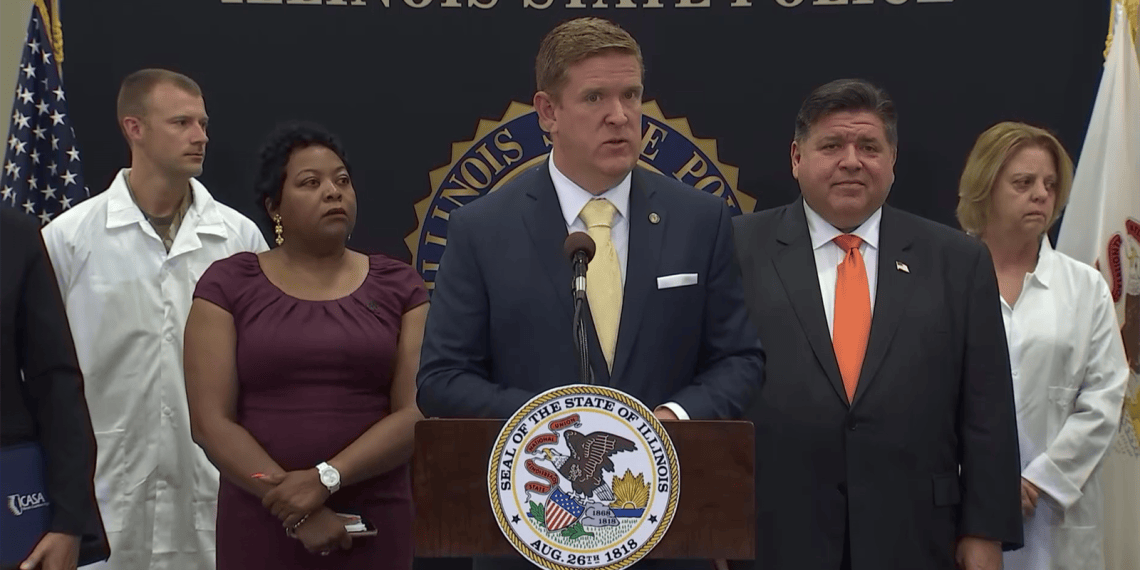 Illinois State Police Director Brendan Kelly speaks at a news conference Friday about the state's progress in processing forensic evidence. (Credit: Illinois.gov)