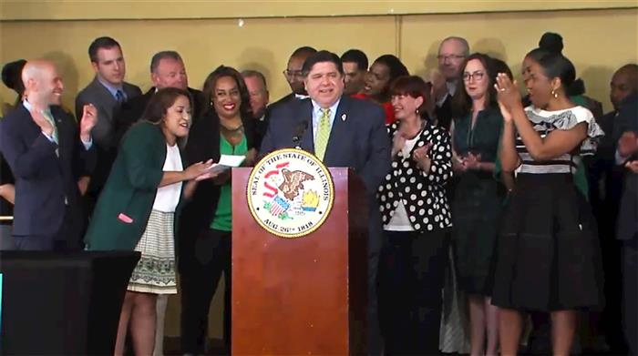 Gov. J.B. Pritzker speaks before signing a bill legalizing adult use of recreational marijuana in Illinois during a ceremony Tuesday at the Sankofa Cultural Arts and Business Center in Chicago. (Credit: BlueRoomStream)