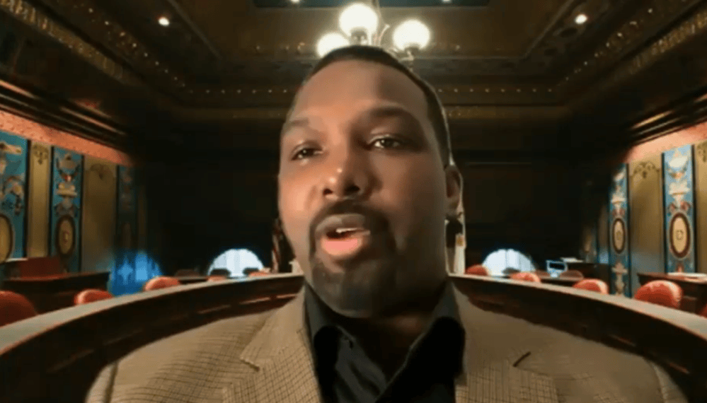 State Sen. Napoleon Harris discusses his bill that would increase the number of days retired downstate teachers in the Illinois Teachers Retirement System are allowed to work without losing pension benefits during a virtual committee hearing Tuesday. (Credit: Blueroomstream.com)