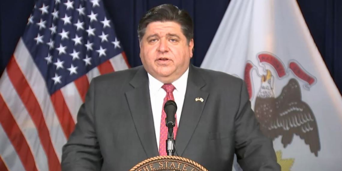 Gov. JB Pritzker announced from the James R. Thompson Center in Chicago Friday that his administration will file an emergency rule allowing for fines of businesses that flout capacity and face covering guidance. (Credit: Blueroomstream.com)