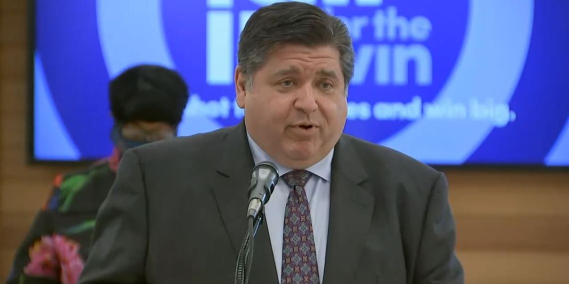 Gov. JB Pritzker speaks at an event in Chicago Thursday to announce a $10 million lottery in which vaccinated Illinoisans will be automatically entered. (Credit: Blueroomstream.com)