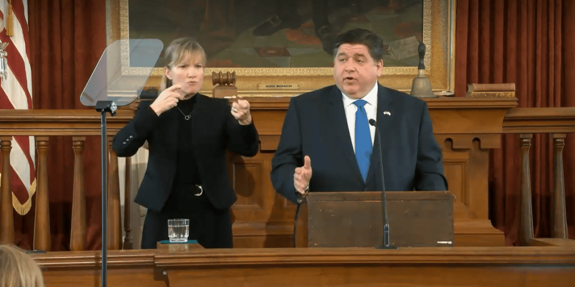 Gov. JB Pritzker delivers his budget address at the Old State Capitol Wednesday. (Credit: Blueroomstream.com)