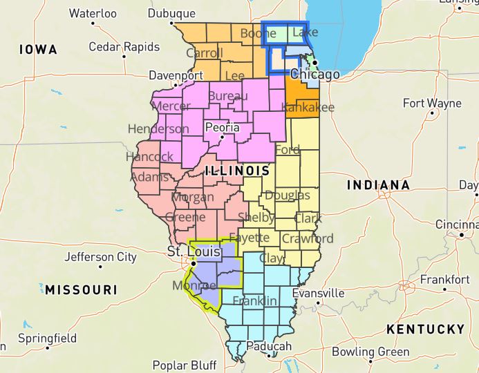 Illinois Department of Public Health map of medical regions and which regions are subject to escalated mitigations. (Credit: Illinois Department of Public Health)