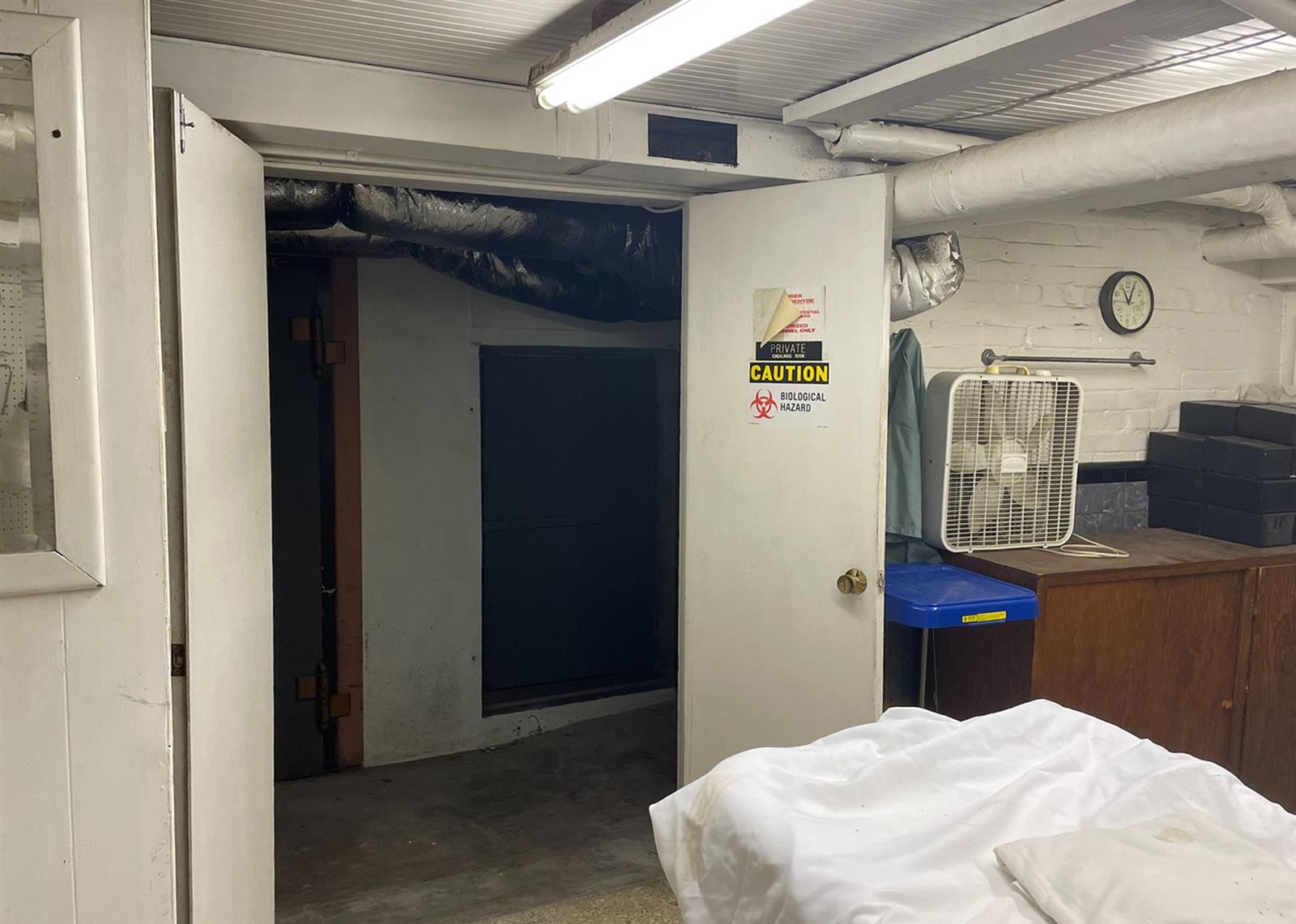 A doorway is pictured in what was once the embalming room of the Moran Queen-Boggs Funeral Home in Centralia