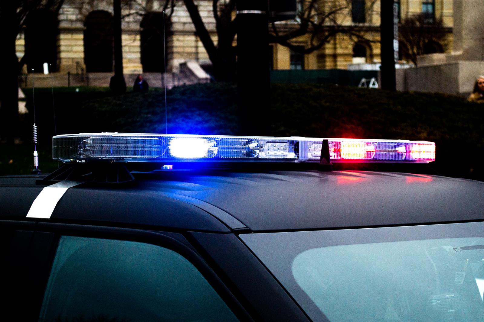 Flashing lights are pictured on an Illinois State Police car