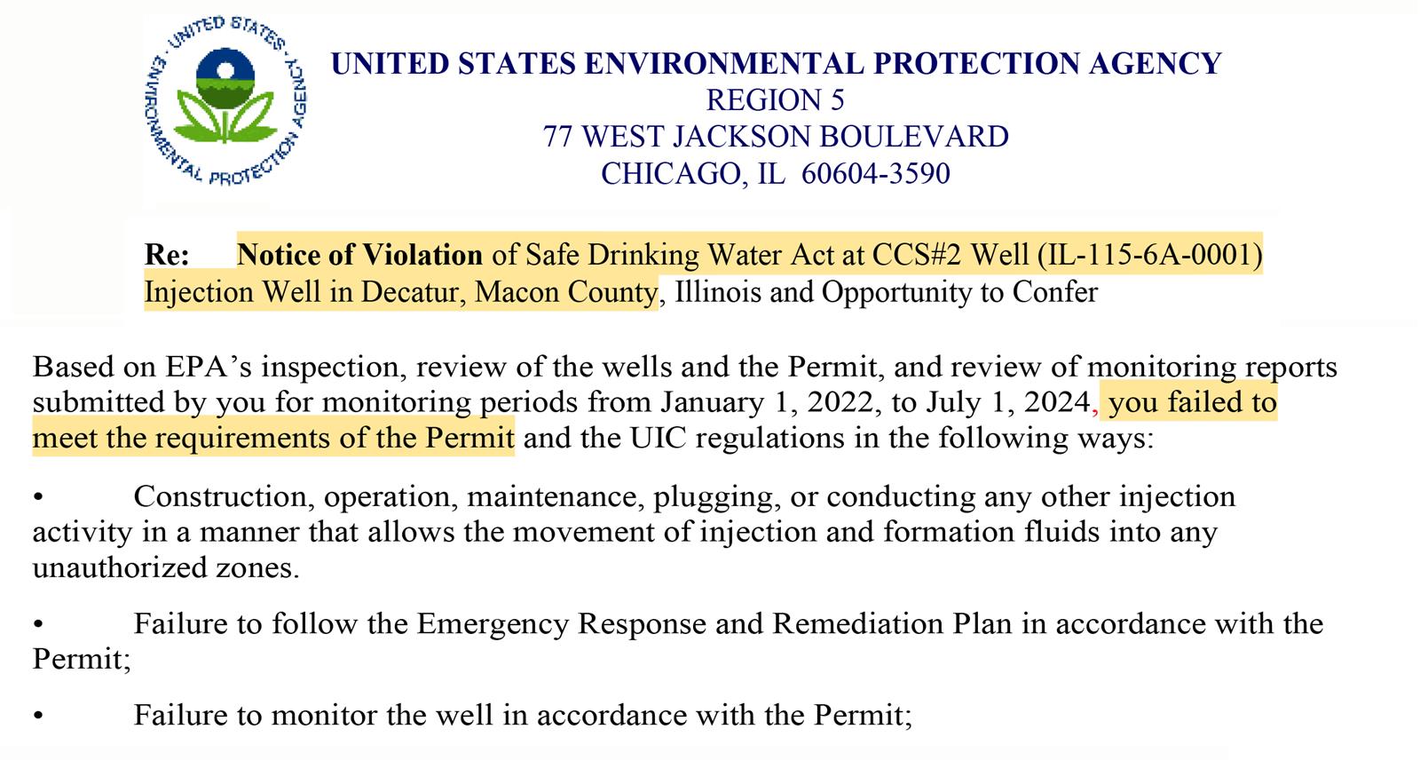 notice of violation to ADM