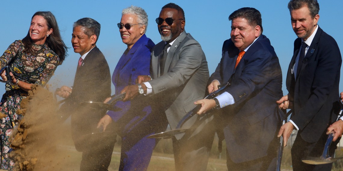 Colleen Collins, Gil Quinones, Toni Preckwinkle, Brandon Johnson, JB Pritzker and Jeremy O’Brien
