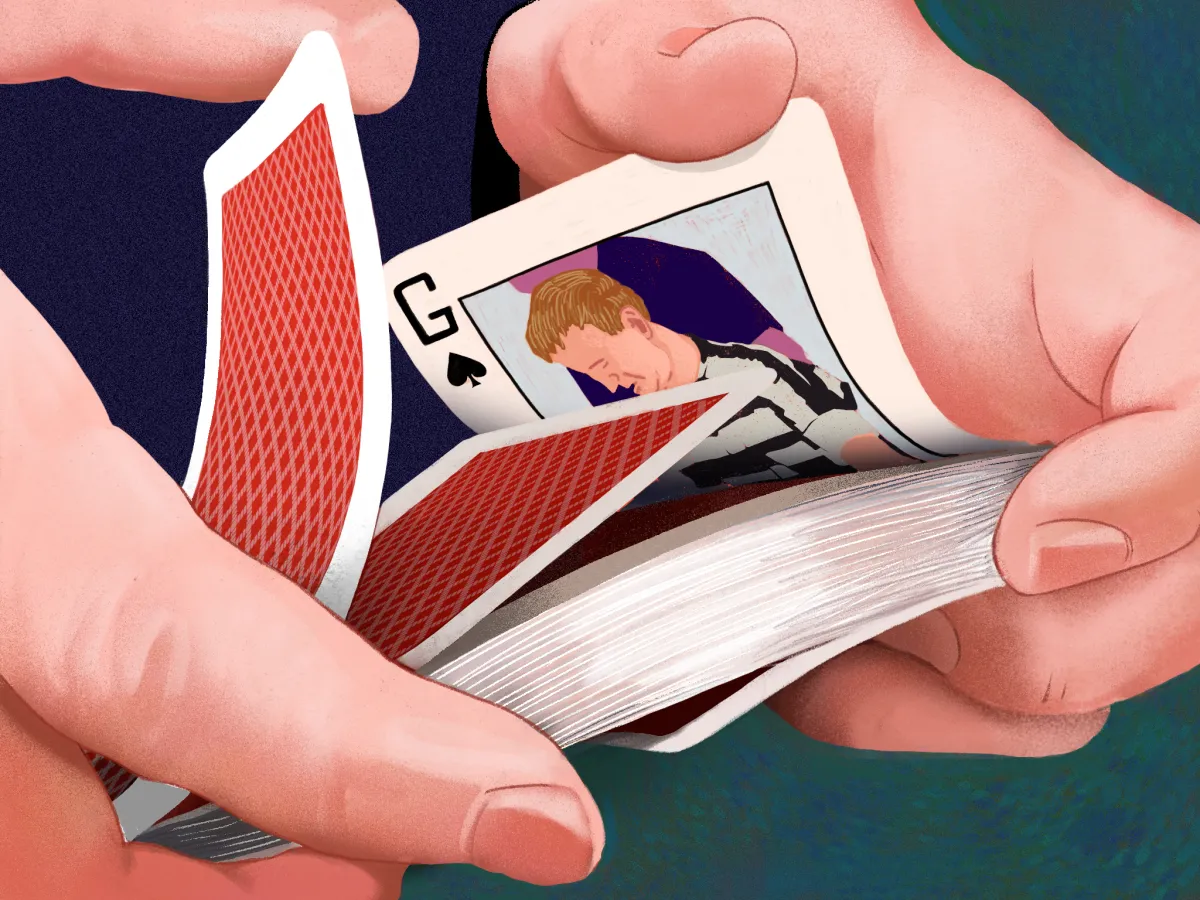 Illustration of hands shuffling a deck of cards, one card showing a figure behind bars.