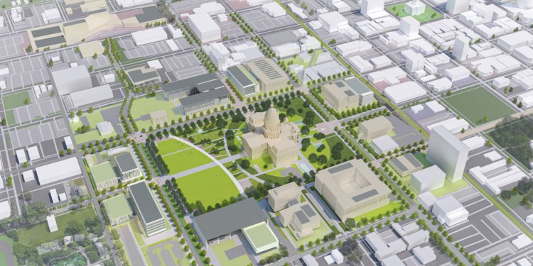 An illustration of the master plan for the Illinois Capitol Complex. Under the plan, the William G. Stratton Building directly behind the Capitol would be demolished and replaced with green space. (Provided by the Office of the Capitol Architect)